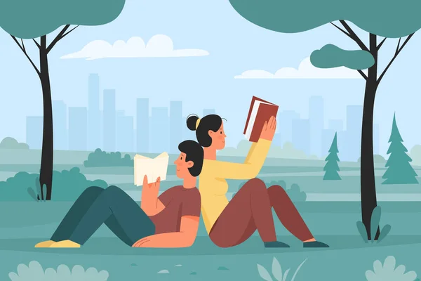 Menino e menina relaxando e lendo livros no parque — Vetor de Stock