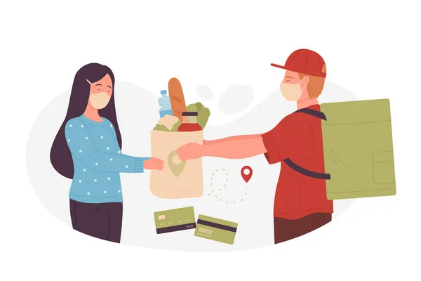 Veilige levering van voedsel, gratis service, koerier houdt papieren zak met producten aan de klant — Stockvector