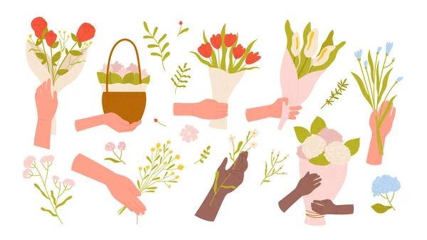 Handen vasthouden bloemen, bloemen cadeau voor meisje, boeket voor vaas met wilde kruiden en bloesems — Stockvector