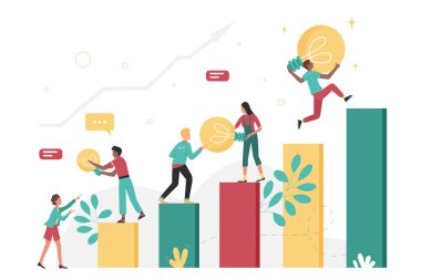 İş adamları, grafik basamaklarını ampullerle tırmanır, yaratıcı fikirlerle işleri yükseltirler.
