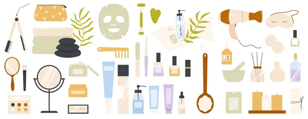 Személyi ápolási termékek készlet arc- vagy testbőr és haj higiénia, kozmetikai termékek, smink — Stock Vector
