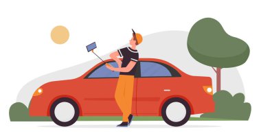 Genç adam blogcu dışarıda dolaşıyor