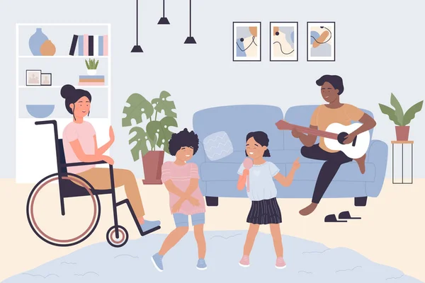 Happy family spend fun time at home together, father playing guitar, mother in wheelchair — ストックベクタ