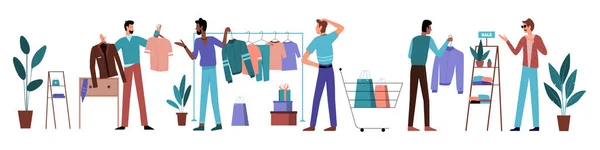 Férfiak választani ruhát akasztók során kiskereskedelmi értékesítés divat áruház, férfi váltás ruházat — Stock Vector