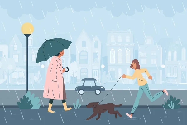 人们带着建筑物走在城市街道上的雨中，女孩牵着狗跑 — 图库矢量图片