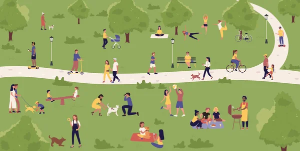 Mensen besteden actieve plezier tijd in de zomer stadspark in het weekend, cartoon kaart met personages — Stockvector