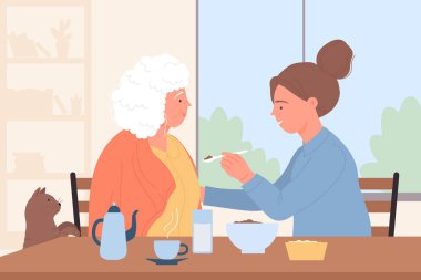 Care and help for elder people from volunteers, young caregiver feeding senior woman clipart