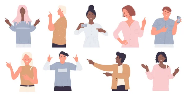 People point finger, different hand pointing gestures and poses set, man, woman standing — Vector de stock