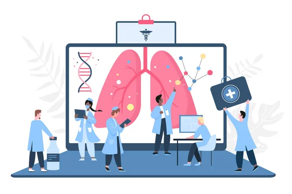 Tüdőbetegségek orvosi diagnosztikája apró orvosok által laptop segítségével pulmonológusok — Stock Vector