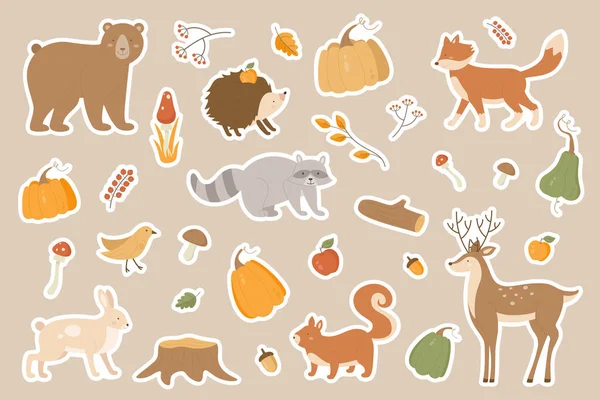 Autumn cute cartoon animals sticker pack set — Wektor stockowy