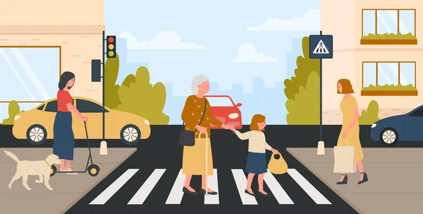 Polite kid with good manners holding granny hand to help cross city road at crosswalk — 스톡 벡터