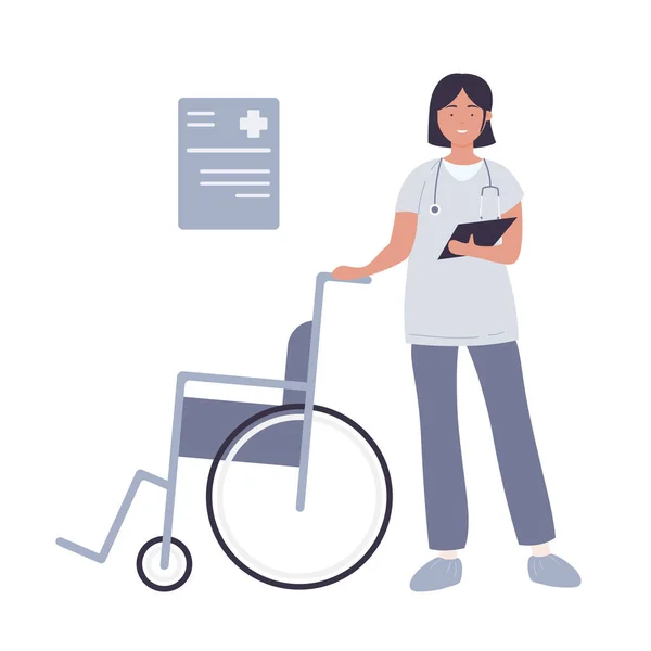 带轮椅的医院医疗微笑护士 — 图库矢量图片