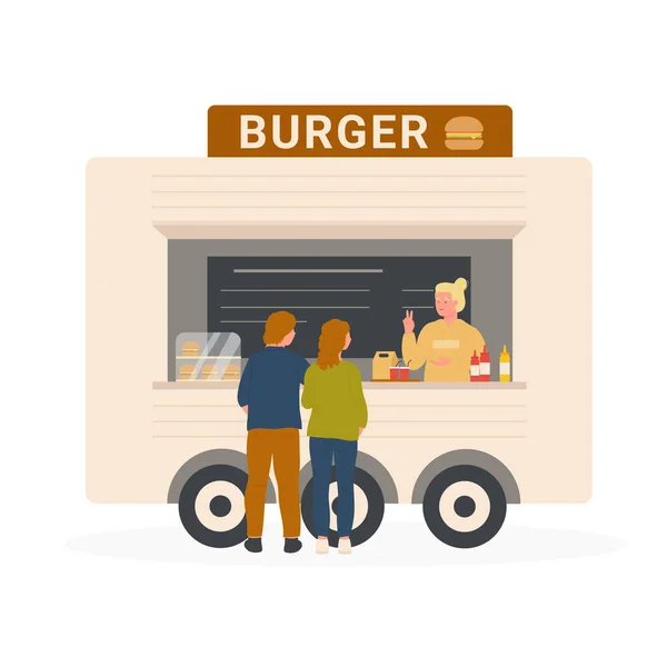 Hamburger menüsü olan sokak fast food minibüsü. — Stok Vektör