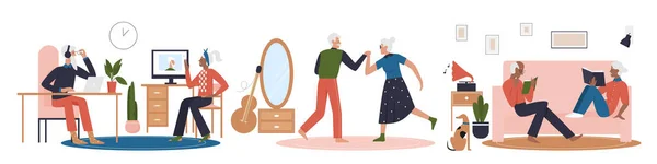 Couple sénior passer du temps amusant à la maison, grand-mère et grand-père danser ensemble, lire des livres — Image vectorielle