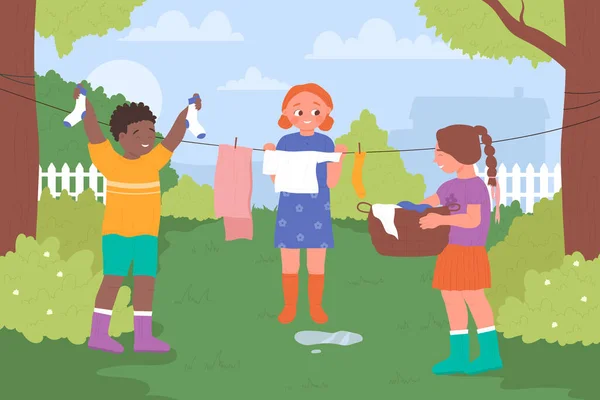 Lindos niños cuelgan la ropa para secar en el tendedero en el verde jardín de verano, los niños ayudan a la madre — Archivo Imágenes Vectoriales