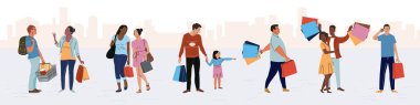Alışverişçiler alışveriş çantalarıyla dolaşırlar. Erkekler ve kadınlar hediye alırlar.
