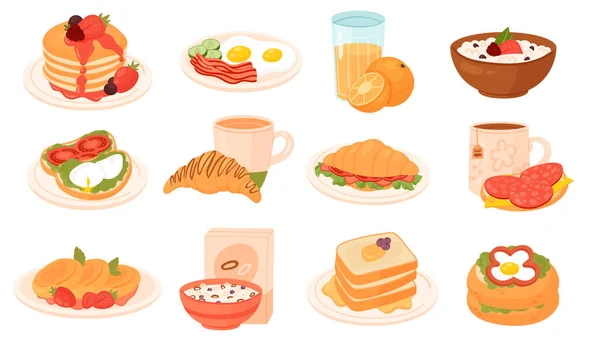Śniadanie, zestaw menu, tosty i rogaliki na talerzu i herbacie, kanapki, jajka smażone — Wektor stockowy