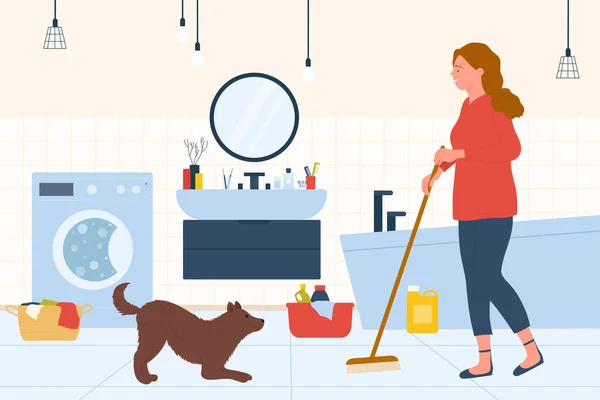 Mulher limpeza chão sujo do banheiro com esfregão, menina segurando ferramenta para limpeza — Vetor de Stock