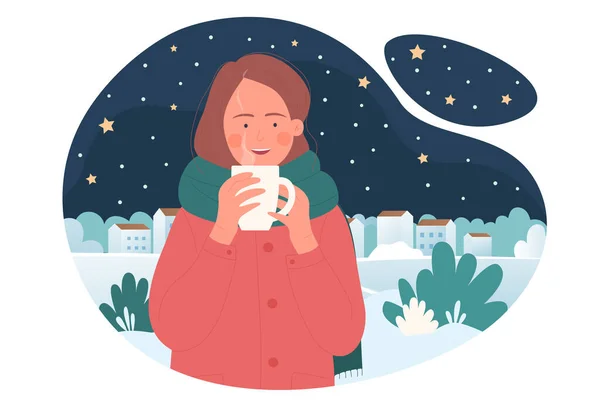 Girl with hot drink at winter cold — стоковый вектор