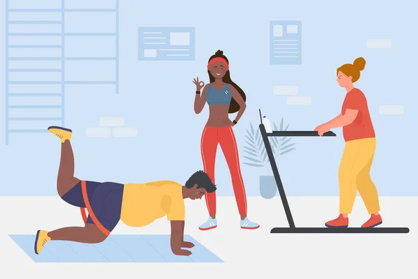 妇女和男子在体育馆或保健中心的运动和体育锻炼 — 图库矢量图片