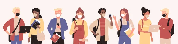 Diverse young students of college or university wearing face masks, standing with phones —  Vetores de Stock