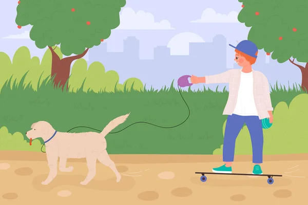 Kid loophond aan de leiband en skateboarden, actieve jongen spelen met puppy op stadspark — Stockvector