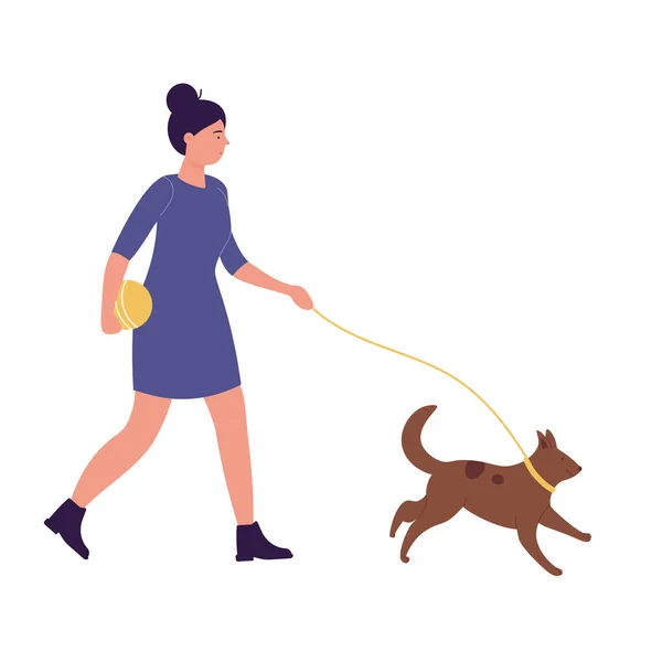 Caminhando mulher ao ar livre com cão na trela — Vetor de Stock