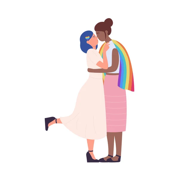 Knuffelen gelukkig lesbisch paar met regenboog vlag — Stockvector