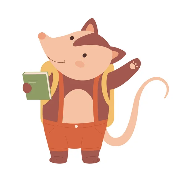 Cute rat waving hello with school backpack — Image vectorielle