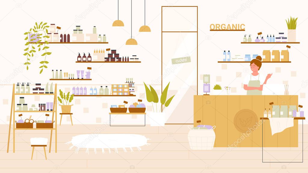 Cosmetic shop or beauty department store with skincare and makeup eco products on shelves