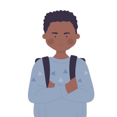 Asık suratlı, endişeli Afrikalı çocuk çizimlerini izole etmiş.