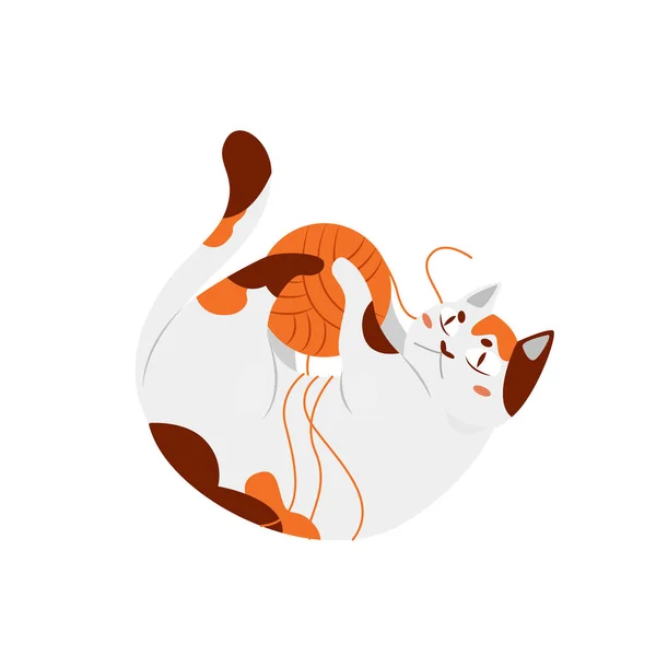 Παιχνιδιάρικο γατάκι που παίζει με μπάλα από νήμα — Διανυσματικό Αρχείο