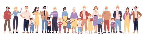 Diverse group of people standing in row, wearing masks on faces for health protection — Image vectorielle