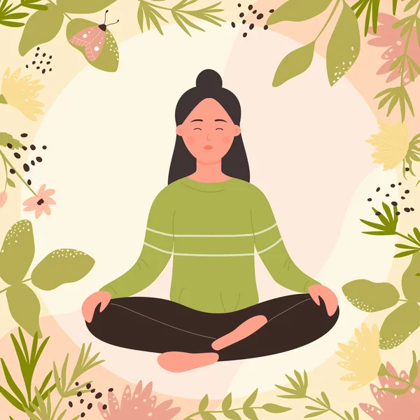 Girl sitting in lotus position to meditate and relax, woman enjoy beauty of nature flower — стоковый вектор