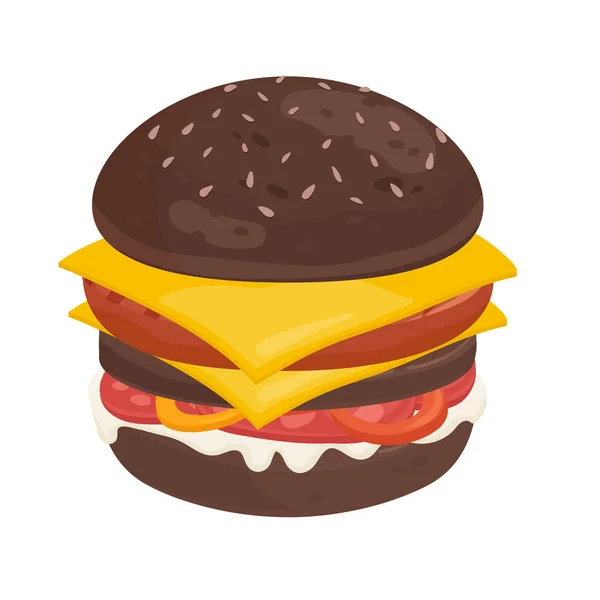 Huge delicious grilled burger with dark buns — Stock Vector