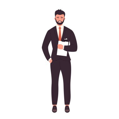 Standing businessman hold clipboard