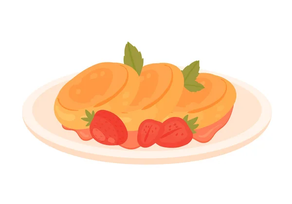 Pancakes with strawberries on morning plate — Stok Vektör