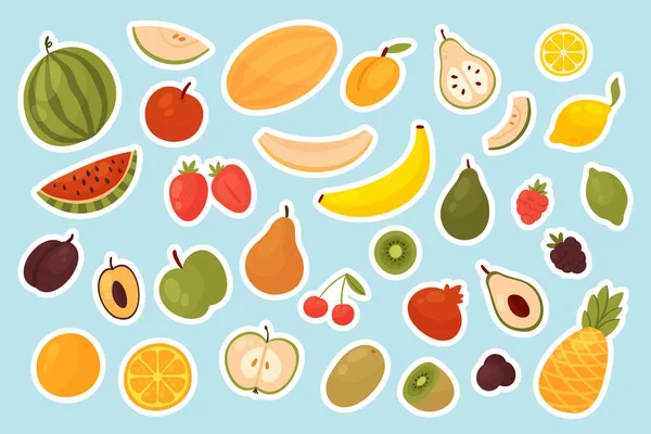 Fruit and berry, food stickers set, slices and whole apple lemon orange banana strawberry — Image vectorielle