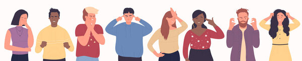 Stress and bad emotions of unhappy adult people, man and woman arguing, covering ears