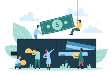 Bank account and payment financial system, tiny people put banknote, gold coins in wallet