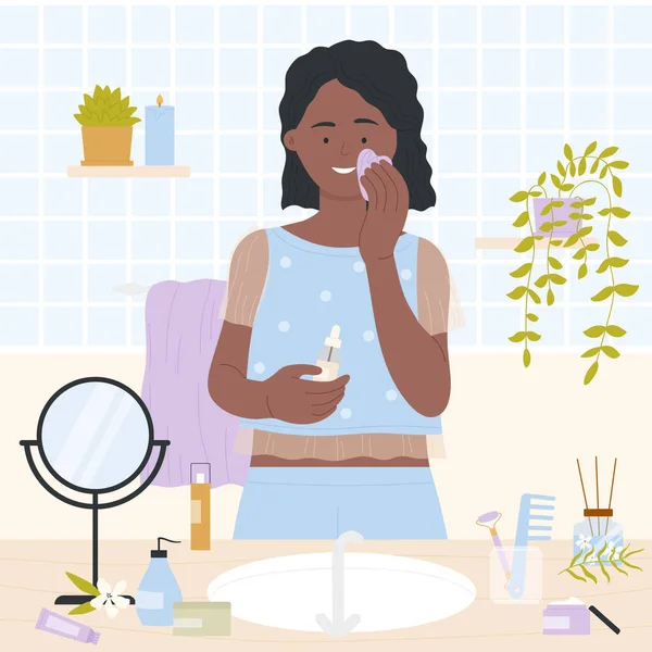 Nő tisztító bőr a mindennapi szépség eljárás, lány megható arc tiszta smink tesztelés kozmetikai blog, vélemények, befolyásoló — Stock Vector