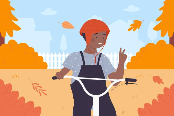 Happy boy cycling in orange autumn park, village landscape, child in safety helmet — Vetor de Stock