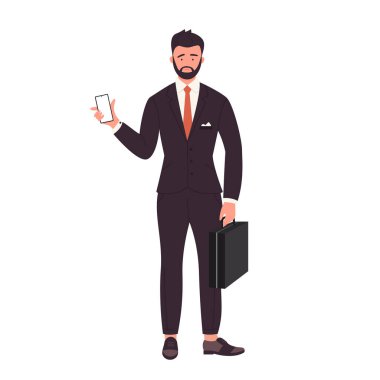 İş adamı, bavulu ve telefonu tut.