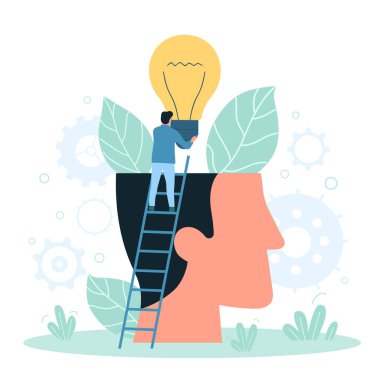 Yetenek yönetimi, gelişim, fikir oluşturma. İnsan kafasının üstünde ampul tutarken.