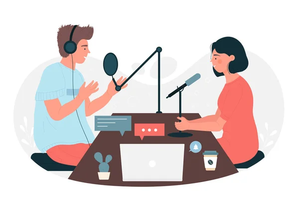 Discusión entre presentador de radio periodista e invitado en el programa, la gente graba podcast de audio — Vector de stock