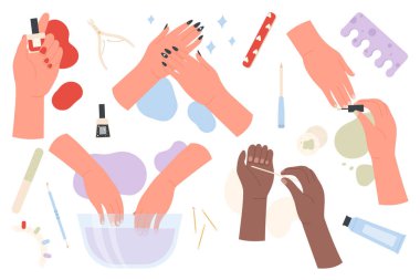 Tırnak bakımı, spa prosedürleri ayarlandı, kadın elleri tırnak törpüsü ve oje tutuyor.