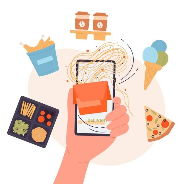 Pedido de comida rápida en línea y entrega desde el restaurante, teléfono de mano con aplicación móvil — Vector de stock
