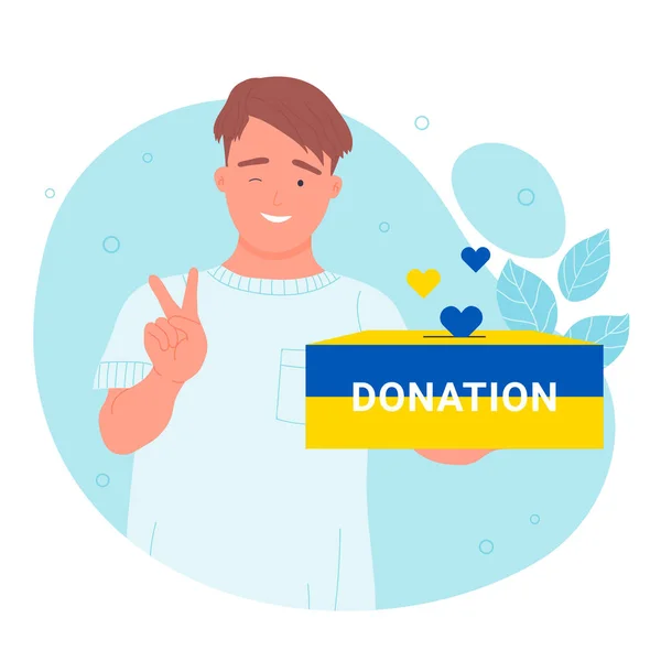 Voluntário segurando caixa de doação em cores azuis amarelas da bandeira ucraniana para doar corações — Vetor de Stock
