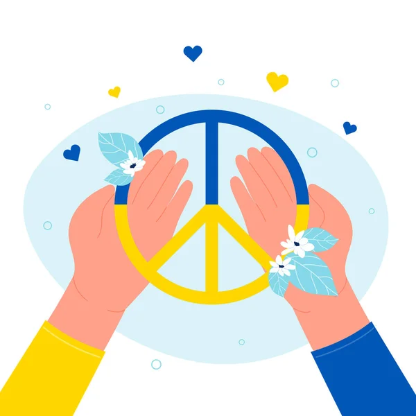 Händer som håller fred hippy symbol och sommarblommor, person som ger hjälp till ukrainare — Stock vektor