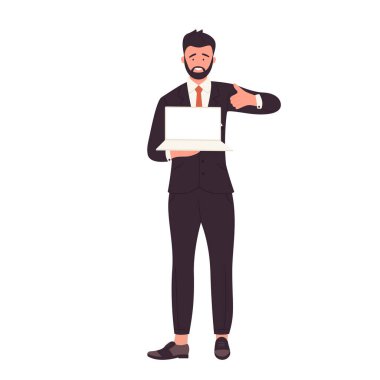 Mutlu iş adamı baş parmağını kaldırdı. Çalışma dizüstü bilgisayarı vektör illüstrasyonlu ofis yöneticisi